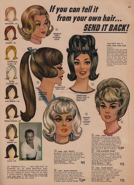 1964 Frederick's of Hollywood catalogue. @jen Ro -- check out the second one -- flip with a...not sure what on her head! Retro Hairstyles, Cabelo Pin Up, 1960s Hair, 60s Hair, Mode Retro, Retro Beauty, Beauty Ad, Look Retro, Fredericks Of Hollywood