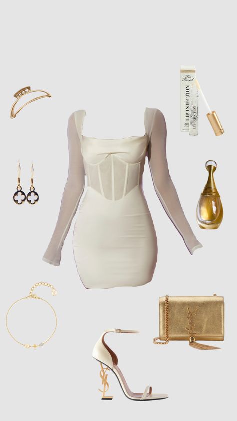 Golden party outfit!#outfitinspo #gold #dress White And Gold Party Outfit, Gold Party Outfit, White And Gold Party, Eid 2024, Golden Party, Dress Polyvore, Outfit Boards, Gold Outfit, Girl Fits