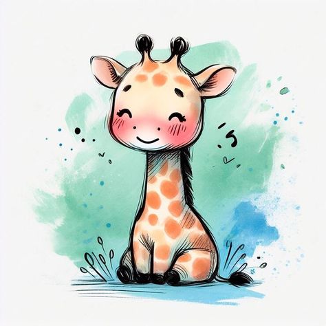 Premium Photo | Cute giraffe on watercolor background Hand drawn vector illustration Kawaii, Giraffe Watercolor Painting Easy, Girrafe Painting Easy, Cute Animals Watercolor, Giraffe Drawings, Giraffe Cartoon Drawing, Cute Giraffe Drawing, Watercolor Painting Easy, Giraffe Drawing