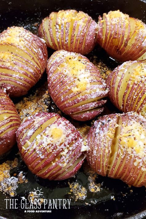 Hasselback Red Potatoes with Parmesan Cheese| Easy Baked Red Potatoes | Red Potato Recipe | The Glass Pantry A Food Adventure | Melisa Smith Ways To Use Red Potatoes, What To Eat With Red Potatoes, Twice Baked Potatoes Red Potatoes, Keto Red Potato Recipes, Side Dish Red Potatoes, Best Red Potatoes Recipes, Red Idaho Potatoes Recipe, Best Way To Make Red Potatoes, Red Potato Dinner Ideas