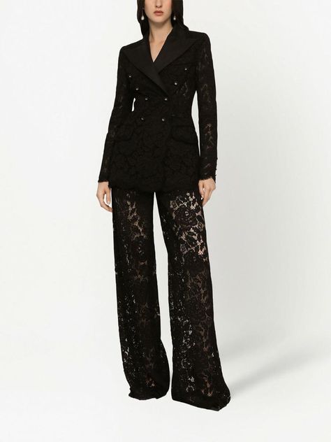 floral lace tailored trousers from DOLCE & GABBANA featuring black, cotton blend, floral-lace detailing, tailored design, high-waisted, wide leg and front button and zip fastening.Gender: WomenMaterial: SYNTHETIC->SPANDEX/ELASTANE5.0 % SYNTHETIC->RAYON51.0 % SYNTHETIC->NYLON20.0 % NATURAL (VEG)->COTTON24.0 %Color: BlackMade in: ITProduct ID: FTCPTTFLRE1N0000*Import tax/duty will be calculated at checkout (If applicable) Black Lace Pants, Dolce Gabbana Jacket, Lace Suit, Lace Blazer, Lace Pants, Latest Fashion Design, Tailored Design, Confident Woman, Luxury Brands Fashion