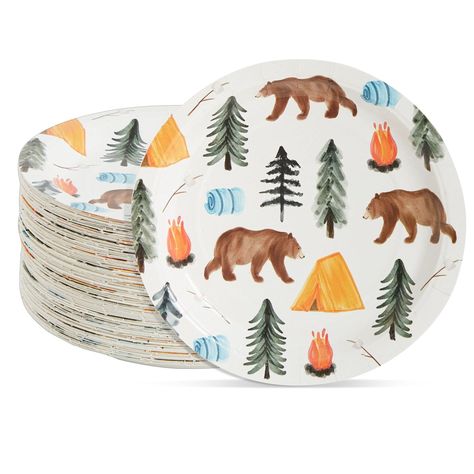 PRICES MAY VARY. Serves 80: Our camping birthday dinnerware set includes 80 colorful party plates that will instantly elevate your dining table, buffet, or dessert table setting Camping Birthday Party Supplies: The camping themed party paper plates feature a tent, bear, forest tree, sleeping bag, and campfire pattern; ideal for creating a celebratory atmosphere and perfectly coordinated theme for your upcoming party Quick And Easy Clean-Up: An ideal alternative to traditional plastic party plate Adventure Cake, Happy Camper Birthday Party, Camping Party Decorations, Camping Plates, Camping Theme Birthday, Happy Camper Birthday, One Happy Camper, Plastic Party Plates, Camping Theme Party