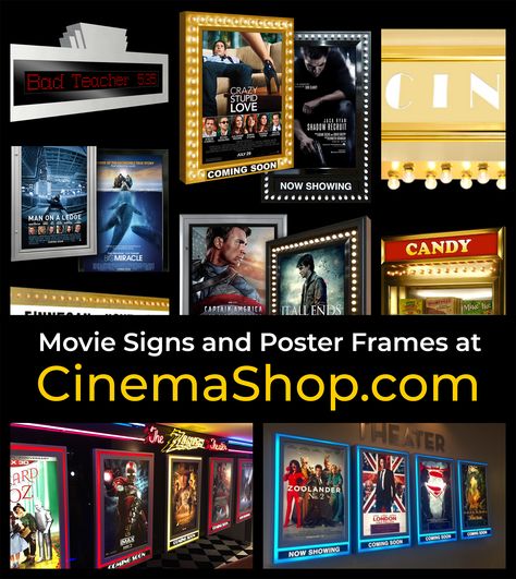 Commercial quality backlit movie poster frames, concession signs, and theater signs at CinemaShop.com - Made in the USA and Free Shipping! Movie Poster Display, Home Movie Theater Ideas, Media Room Decor, Posters Decor, Movie Theater Rooms, Light Movie, Movie Poster Frames, Theatre Sign, Theatre Interior