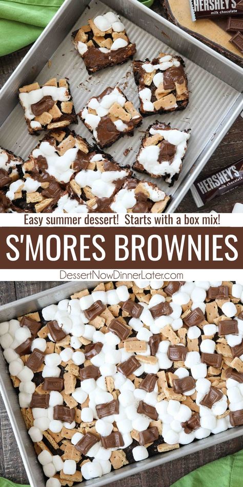 S'mores Brownies takes your favorite boxed mix up a notch with graham crackers, mini marshmallows, and Hershey's chocolate bar pieces. Easy to make and loved by all! S’more Brownies Easy, Pie, Desserts That Use Marshmallows, S’mores Brownie Bars, Best S’mores Brownies, Brownie Smores Bars, Outdoor Potluck Desserts, S’mores Poke Brownies, Smores Bars Easy