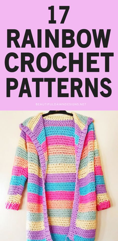 Rainbow Cardigan Crochet Pattern, Crochet Cardigan Rainbow, Crochet Color Block Cardigan Pattern Free, Rainbow Crochet Clothes, Free Crochet Patterns For Clothes, Rainbow Crochet Cardigan, Crochet Rainbow Cardigan, Striped Crochet Cardigan, Its A Wrap