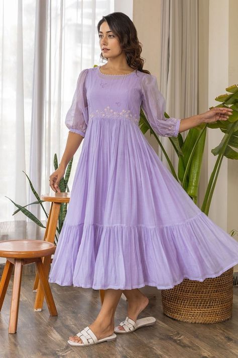 Gowns Dresses Cotton Indian, Long Frill Dress, Gowns Sleeves Design, Sleeves Design For Frocks, Hands For Long Frocks, Round Dress Design, Hakoba Frocks For Women, Simple Dress Pattern For Women, Hands Designs For Long Frocks