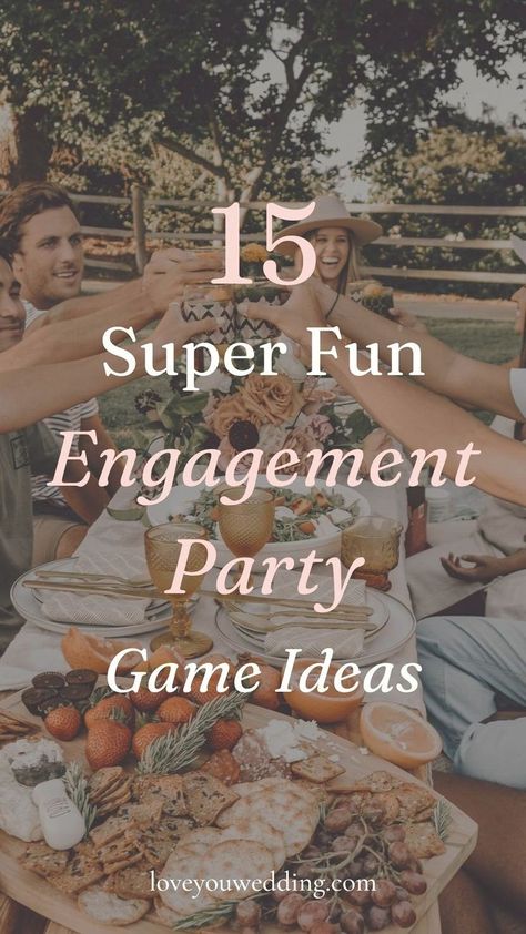 Planning an engagement party? We’re here to make your engagement party planning easier with our list of 15 fun and hilarious engagement party game ideas for guests and the couple! Whether you’re looking for engagement party activities, outdoor games, classic engagement party game ideas, or anything in between, we have you covered! Engagement Cocktail Party Ideas, Engagement Party List, Engagement Party Guest List, Classic Engagement Party, Engagement Party Games Activities, Engagement Party Activities, Planning An Engagement Party, Engagement Party Outfit Guest, Engagement Party Guest