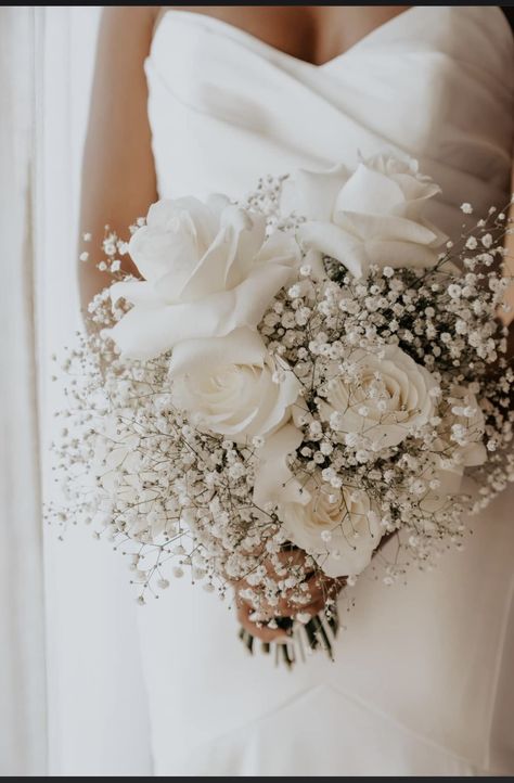 Baby's Breath Wedding, White Rose Wedding Bouquet, Gypsophila Wedding, Simple Wedding Bouquets, White Rose Bouquet, Wedding Boquet, White Roses Wedding, Babys Breath Wedding, White Wedding Theme