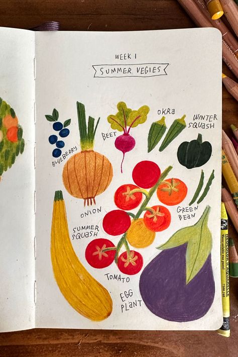 Croquis, Recipe Art Journal, Sketchbook Inspiration Easy, Art Club Ideas, Art Book Ideas, Drawing Aesthetic Sketchbook, Sketchbook Drawing Ideas, Food Sketchbook, Vegetable Drawings