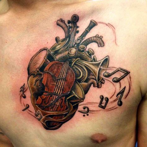 #MusicHeart Human Heart Tattoo, Tatoo Music, Arte Jazz, 16 Tattoo, Herz Tattoo, Guitar Tattoo, Music Tattoo Designs, Theme Tattoo, R Tattoo