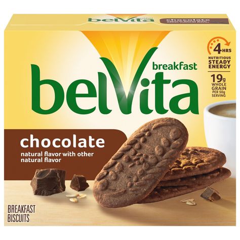 belVita Chocolate Breakfast Biscuits combine wholesome grains with rich cocoa flavor, making them the perfect breakfast snacks for chocolate lovers. Specially baked, these baked cookie biscuits contain slow-release carbs that break down gradually in the body to deliver delicious, steady energy all morning long Each 50 gram serving of these bulk breakfast cookies contains 19 grams of whole grain, four grams of fiber and B vitamins for a delicious alternative to breakfast bars and breakfast snacks. Cholesterol-free bulk biscuits for breakfast contain no high-fructose corn syrup and no artificial colors, flavors or sweeteners. One box with five packs, four biscuits per pack, of belVita Chocolate Breakfast Biscuits (packaging may vary) Crunchy chocolate biscuit made with wholesome grains and s Sugar Free Biscuits, Belvita Breakfast Biscuits, Good For Diabetics, Energy Breakfast, Sugar Biscuits, Healthy Snack Alternatives, Breakfast Biscuits, Chocolate Breakfast, Instant Breakfast