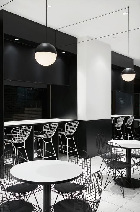 Black White Restaurant Interior, Black And White Cafe Interior, Monochrome Restaurant, Black White Restaurant, Black And White Restaurant, Black And White Cafe, Contrast Interior Design, Dark Restaurant, Canteen Design