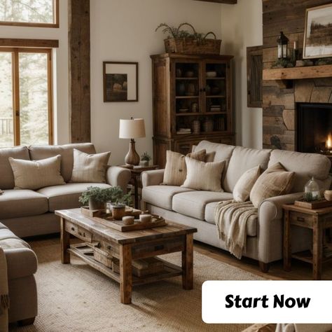 [SponsoredPost] Rustic Living Room Ideas With Natural Wood Elements, Cozy Textiles, And A Warm Color Palette Inspired By Nature. #Livingroomideas #Livingroomdesign #warminteriordesigncozylivingrooms Family Room Cozy Warm, Simple Comfy Living Room, Living Room Rustic Designs, Brown Tone Living Room Ideas, Modern Vintage Farmhouse Living Room, Interior Design Wood Modern Living Rooms, Brown Toned Living Room, Natural Rustic Decor, Cozy Interiors Living Rooms