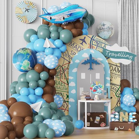 Travel Theme Party Decorations, Party Balloon Arch, Farewell Party Decorations, Brown Balloons, Airplane Birthday Party Decorations, Travel Themed Party, Teal Balloons, Leaving Party, Bon Voyage Party