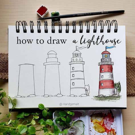 How to draw a lighthouse in 4 easy steps ❤🤍...swipe left for a short coloring video! ~•~•~• 🖌 KUM Faded Size 4 @kumgermany 🗒 XL Aquarelle… | Instagram Lighthouse Watercolor Painting Easy, How To Paint A Lighthouse, Draw A Lighthouse, Watercolour Simple, Lighthouse Sketch, Lighthouse Watercolor, Watercolor Painting Easy, Lighthouse Drawing, Coloring Video