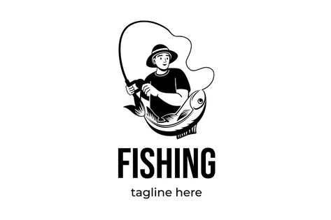 Fishing logo design. Fisherman catching fish with fishing rod vector emblem. Fishing sport, summer vacation hobby. Happy male character catch big fresh fish with logotype template. Logos, Fishing Logo Design, Fisherman Logo, Fishing Logo, Photographer Logo, Boy Fishing, Fish Logo, Male Character, Catching Fish