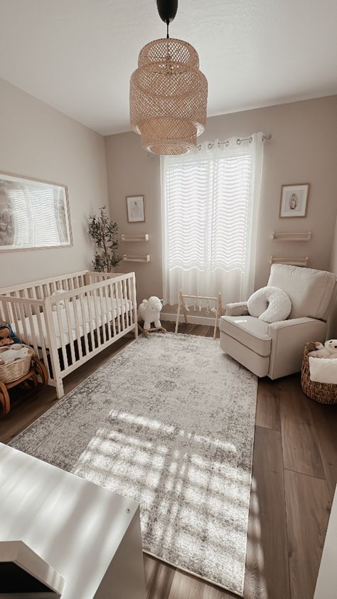 Baby Nursery, Aesthetic Nursery Ideas, Basement Ideas Theater, Nursery Budget Ideas, Nursery 2024 Trends, Brown Nursery Walls, Nursery Beige Walls, Neutral Nursery Room Inspiration, Lamb Themed Nursery, Natural Crib Nursery