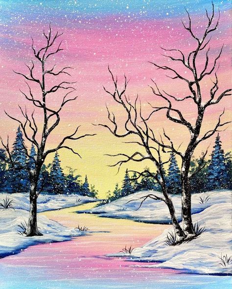 Paint the colors of winter with us! Winter Landscape Art, Winter Scene Paintings, Winters Tafereel, Easy Landscape Paintings, Painting Parties, Landscape Painting Tutorial, Winter Landscape Painting, Paint Nite, Best Paint