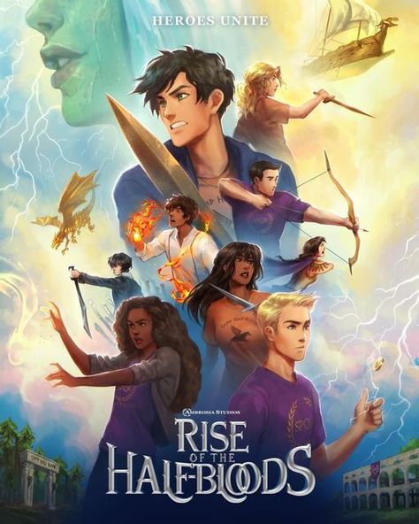 ✦ mage on Instagram: "Heroes of Olympus Poster for @cosmiccowzine! Yes, Rise of the Half-bloods is a reference to Rise of the Guardians 👀✨ It was such an amazing experience to work w this STUNNING team! Check out preorders the Olympus: a PJO Fanzine Winter edition for this poster and much more pjo content! #pjo #hoo #percyjackson #cosmiccow #cosmiccowzine #rickriordan #heroesofolympus #percyjacksonfanart #drawing #digitalart #book #bookart #bookish" Pjo Poster, Heroes Of Olympus Characters, Percy Jackson Comics, Percy Jackson Wallpaper, Zio Rick, Dibujos Percy Jackson, Pjo Hoo, Seaweed Brain, Percy Jackson Fan Art