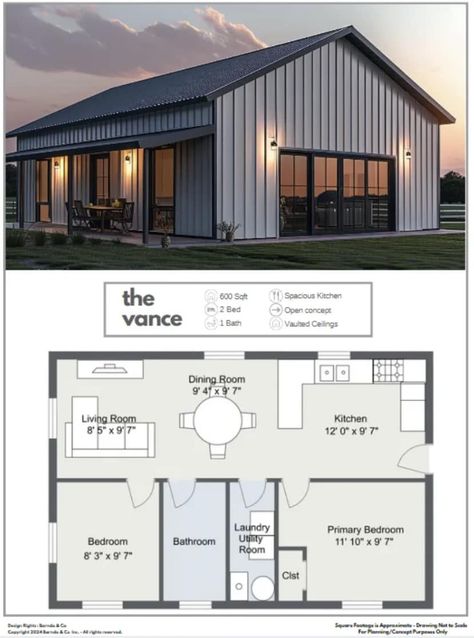 Baby Barndo “Vance” #barndoandco #barndosincanada #barndominiumplanningexperts #barndominiumlifestyle #barndofloorplan #barndominiumenvy #babybarndo #tinyhome #guesthouse Two Story Shop House Floor Plans, Mini Barndominium Interior, Pole Barn House Plans Small, Small Shop House, Small Pole Barn Homes Simple, Shop House Floor Plans, Mini Barndominium, Inside Barndominium, Small Barndominium Floor Plans