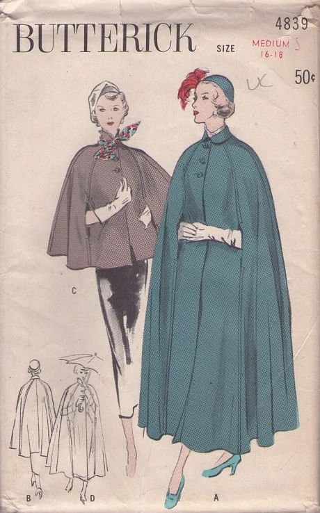 Pin Up Curls, Pumping Station, Butterick Sewing Patterns, Vintage Clothes Patterns, Cape Cloak, Patron Vintage, Cape Pattern, Look Retro, Vintage Dress Patterns