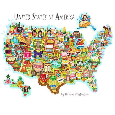 Map illustration of United States of America. #usa #unitedstates #love #fun #funmap #LivWan #mapmaker #map #mapart #mapillustration #creative #mapofunitedstates #illustratedmap #travel #illustrator #illustration #vector #vectorart #vectorillustration #edinburghillustrator #uk #roadsideamerica #food #foodillustration #foodillustrator #eskimo #discoveramerica #roadsideattractions #landmarks Kawaii, America Map Illustration, United States Of America Map, Usa Culture, Map Of Usa, Usa Map Art, English Posters, Illustrated Maps, Map Maker