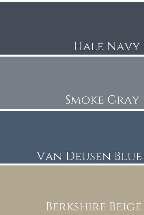 Hale Navy & Smoke Gray & Van Deusen Blue & Berkshire Beige Comparison Navy Blue And Grey Living Room, Blue Living Room Color, Blue Grey Living Room, Van Deusen Blue, Navy Living Rooms, Hale Navy, Beige Living Rooms, Living Room Color Schemes, Seni Cat Air