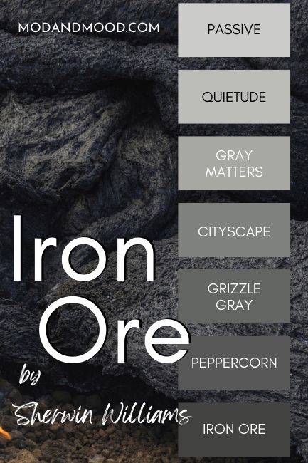 Peppercorn Gray Sherwin Williams, Pearly White And Iron Ore, One Shade Lighter Than Iron Ore, Iron Ore Sherwin Williams Shutters, Colors That Compliment Iron Ore, Iron Ore Paint Swatch, Sw 7069 Iron Ore, Iron Ore Accent Colors, Iron Ore Color Pallet
