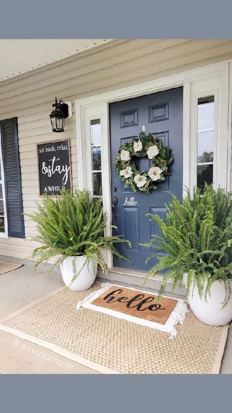 Front Porch Ideas Flowers Planters, Summer Porch Decor Front Entry Spring, Farmhouse Potted Plants Outdoor, Fern Planters Ideas Front Porch, Fern Decor Outdoor, Ferns In Planters Front Porches, Front Porch Decor Spring/summer, Cute Front Porch Ideas Summer, Front Porch Ferns Planters