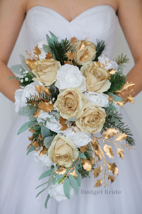 Wedding Flower Brides bouquet with gold glitter tipped roses, white roses, pine greenery and gold leaves, sage greenry and babies breath White And Gold Wedding Themes, Gold Wedding Bouquets, Small Bridesmaid Bouquets, Fake Wedding Flowers, Sage Eucalyptus, Green Gold Weddings, Gold Wedding Flowers, Gold Bouquet, Fresh Wedding Flowers