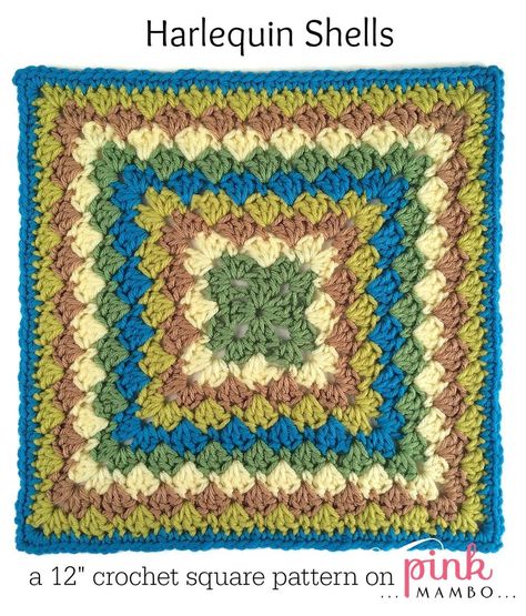 Roundabout Harlequin Granny Square |You can make this easy crochet granny square by using simple double crochet stitches! Crochet Shells, Sunburst Granny Square, Granny Square Haken, Crochet Squares Afghan, Easy Crochet Stitches, Crochet Blocks, Crochet Square Patterns, Granny Squares Pattern, Double Crochet Stitch