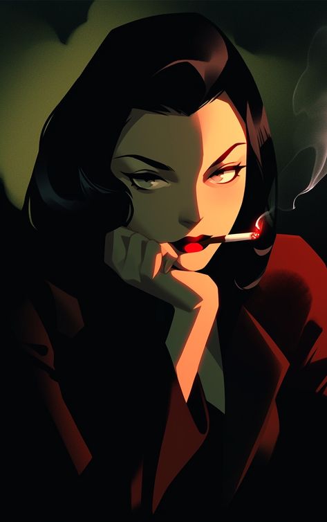 stylish, mysterious woman with a cigarette, classic film noir vibes, retro-themed art Noir Woman Art, Female Agent Art, 1940s Noir Aesthetic, Roaring 20s Character Design, Spy Art Character Design, Woman Detective Aesthetic, Noir Aesthetic Women, Female Spy Art, Film Noir Art