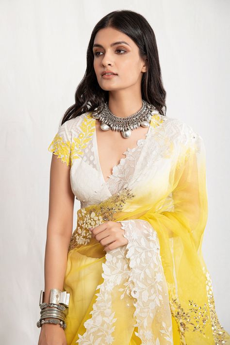 Couture, Striped Blouse Designs, Amrita Thakur, Simple Blouse Pattern, Saree Blouse Styles, Simple Saree Designs, Yellow Embroidery, Cotton Blouse Design, Fashion Show Dresses