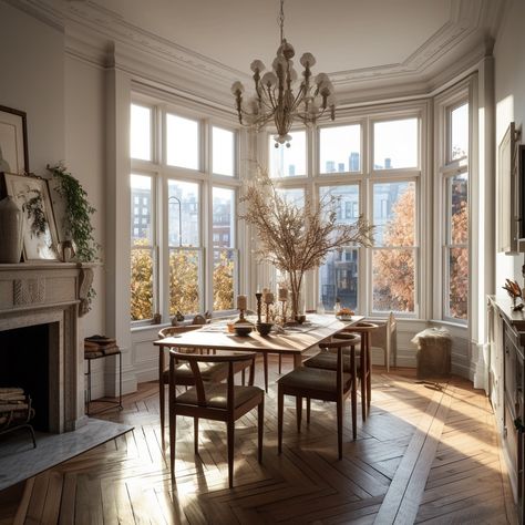 London Townhouse Interior Victorian, Parisian Brownstone, Dining Table Fireplace, Brownstone Aesthetic Interior, Townhouse Architecture Design, Parisian Houses Interior, Brownstone Dining Room, Townhouse Designs Interior, New York Brownstone Interior