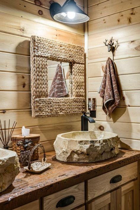 If you are considering a log cabin or tiny home build, make sure you check out these space saving bathroom ideas! Inside Log Cabin Homes Interiors, Lodge Bathroom Ideas, Small Cabin Bathroom Ideas, Cabin Bathroom Ideas Rustic, Log House Bathroom, Log Home Decorating Ideas, Log Home Bathroom Ideas, Small Cabin Bathroom, Cabin Bathroom Ideas