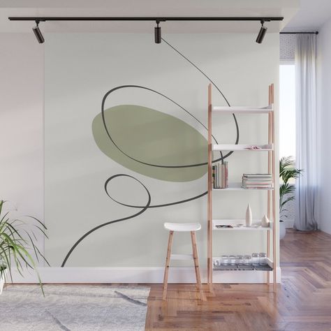 Minimal Line Art. Boho Aesthetic. Abstract Shapes. Green. Wall Mural Stair Mural, Green Wall Mural, Bathroom Mural, Green Bedroom Decor, Donut Stand, Gray Living Room Design, Minimal Line Art, Dance Rooms, Accent Wall Paint