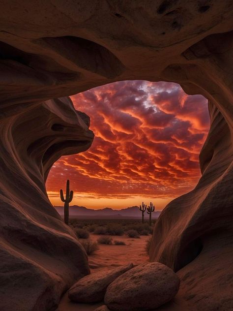 Incredible shot from a cave in Arizona. Arizona Aesthetic, Desert Aesthetic, Arizona Sunset, Desert Dream, Desert Life, Cave In, Desert Painting, Arizona Travel, Sonoran Desert