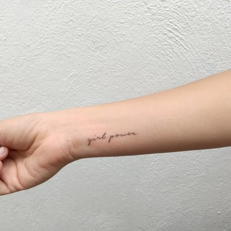 Small Arm Tattoo, Inner Arm Tattoos, Feminist Tattoo, Small Tattoo Placement, Girl Power Tattoo, Power Tattoo, Small Quote Tattoos, Girl Arm Tattoos, Shape Tattoo