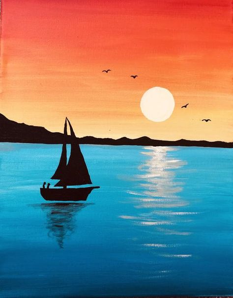 Sunset Art Painting, Scenary Paintings, Sunset Painting Easy, Lukisan Landskap, Sunset Canvas Painting, Abstract Art Painting Techniques, Easy Canvas Art, Scenery Paintings, Simple Canvas Paintings