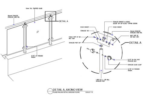 Glass railing typical section corridor structure with axon view details dwg file Glass Railing Detail, Cafe Floor, Cafe Floor Plan, Stair Dimensions, Steel Drawing, Glass Railing Stairs, Thesis Ideas, Glass Handrail, Metal Stair Railing