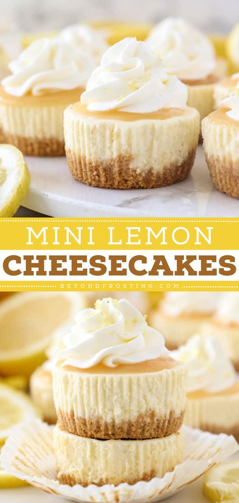 Turn to this mini cheesecake recipe when you need an easy bite size dessert for parties! Topped with lemon curd and whipped cream, these lemon cheesecake bites are delicious. Everyone will love this mini sweet! Adorable Desserts, Lemon Cheesecakes, Mini Lemon Cheesecakes, Mini Strawberry Cheesecake, Batch Meals, Mini Sweets, Batch Baking, Lemon Treats, Lemon Cheese