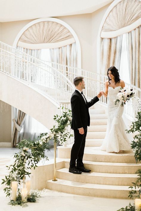 Tuscany Wedding Theme | The Real Wedding of Morgan and Patrick | Orlando Wedding Planners  Just Marry! | St. James Cathedral | Loews Portofino Bay Hotel | Vine & Light Photography | Velvet & Twine Floral | #Universal #Orlando #wedding #Tuscany #theme #greenery #elegance #love Wedding Grand Staircase, Wedding Photos On Staircase, Greenery On Railing Wedding, Real Wedding Photography, Grand Staircase Wedding Decor, Wedding Photoshoot Stairs, Spiral Staircase Wedding Photos, Wedding Getting Ready Poses, Wedding Poses On Stairs