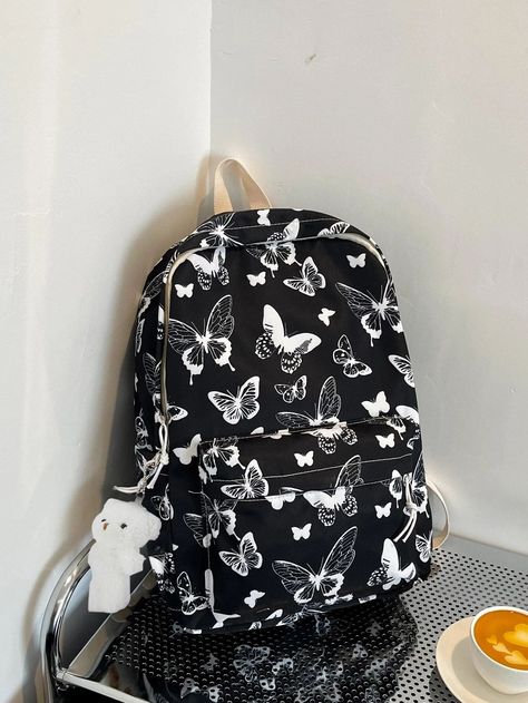 Black Preppy Collar  Fabric Animal,Graphic Classic Backpack Embellished   Women Bags Black Preppy, Black School Bags, Backpack Fabric, Cute School Bags, Stylish School Bags, Cartoon Bag, Women Backpack Fashion, Back To School Backpacks, School Accessories