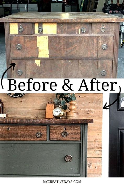 Transform an old dresser into a beautiful rustic furniture makeover with our step-by-step green rustic dresser makeover! Dressers are the perfect upcycled home décor project, great for beginner or advance furniture flippers. Click through for the full DIY dresser makeover tutorial. Upcycling, Remodel Furniture Diy Dressers, How To Paint An Old Dresser, Veneer Dresser Makeover Diy, Refurbished Vintage Dresser, Redone Dressers Before And After, How To Redo A Dresser, Diy Green Dresser, Refurbished Dresser Diy