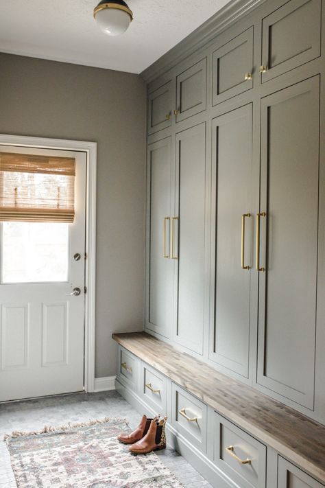 Mudroom High Ceiling, Mudroom Built In Ideas, Closed Mudroom Lockers, Cost Closet Turned Mudroom, Pantry Mudroom Combo Small, 12x12 Mudroom Layout, Hallway Of Closets, Laundry Room Cubbies Storage, Modern Casual Interior Design