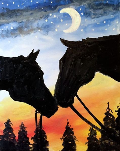 101 Easy Acrylic Painting Ideas for Beginners on Canvas | ACRYLIC PAINTING SCHOOL Harbin, Sunset Paint, Horse Canvas Painting, Painted Horses, Silhouette Painting, 6 September, Paint Nite, Two Horses, Easy Canvas Painting