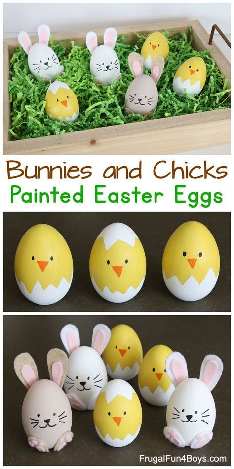 How to Make the Cutest Bunny and Chick Painted Easter Eggs - Adorable Spring Craft! Animal Easter Eggs, Painted Easter Eggs, Easter Egg Art, Seni Vintage, Porch Christmas, Spring Craft, Easter Eggs Diy, Easter Egg Designs, Easter Egg Crafts