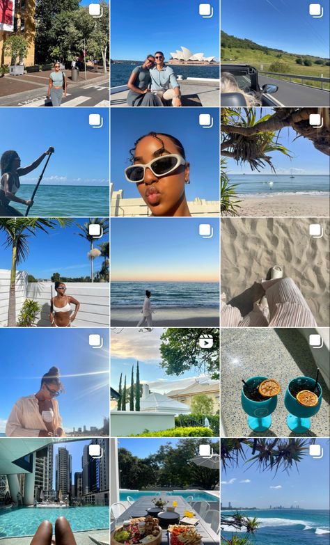 Organized Instagram Feed, Summer Instagram Layout, Instagram Page Inspo Aesthetic, Travel Blog Instagram Feed, Beach Instagram Feed Ideas, Summer Instagram Aesthetic, Tropical Summer Insta Feed, Summer Photos Ideas Instagram, Holidays Photos Summer