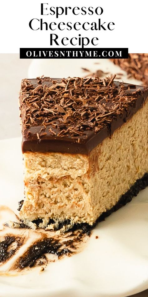 Coffee cheesecake is a smooth and creamy espresso cheesecake with an espresso chocolate cookie crust. For even more decadent coffee flavor, this espresso cheesecake is topped with an easy chocolate coffee ganache. Make this chocolate espresso cheesecake the next time you need a deliciously decadent dessert that’s perfect for the coffee and cheesecake lover in your life. Mocha Chocolate Cheesecake, Cappuccino Cheesecake Recipes, Espresso Chocolate Cheesecake, Chocolate Coffee Cheesecake, Chocolate Espresso Cheesecake, Mocha Cheesecake Recipe, Espresso Cheesecake Recipes, Coffee Cheesecake Recipes, Tiramisu Recipe From Scratch