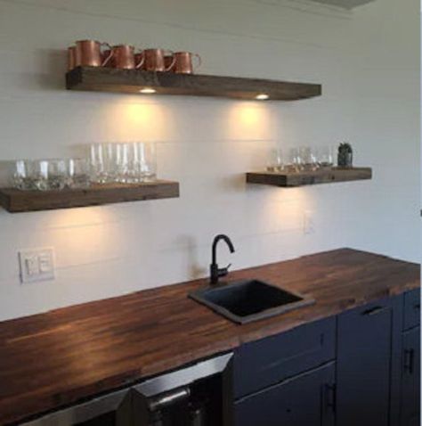 Bar With Floating Shelves, Spotlight Effect, Floating Shelves With Lights, Kitchen Floating Shelves, Wood Floating Shelf, Led Puck Lights, Floating Tv Stand, Floating Shelves Kitchen, Decor Fireplace